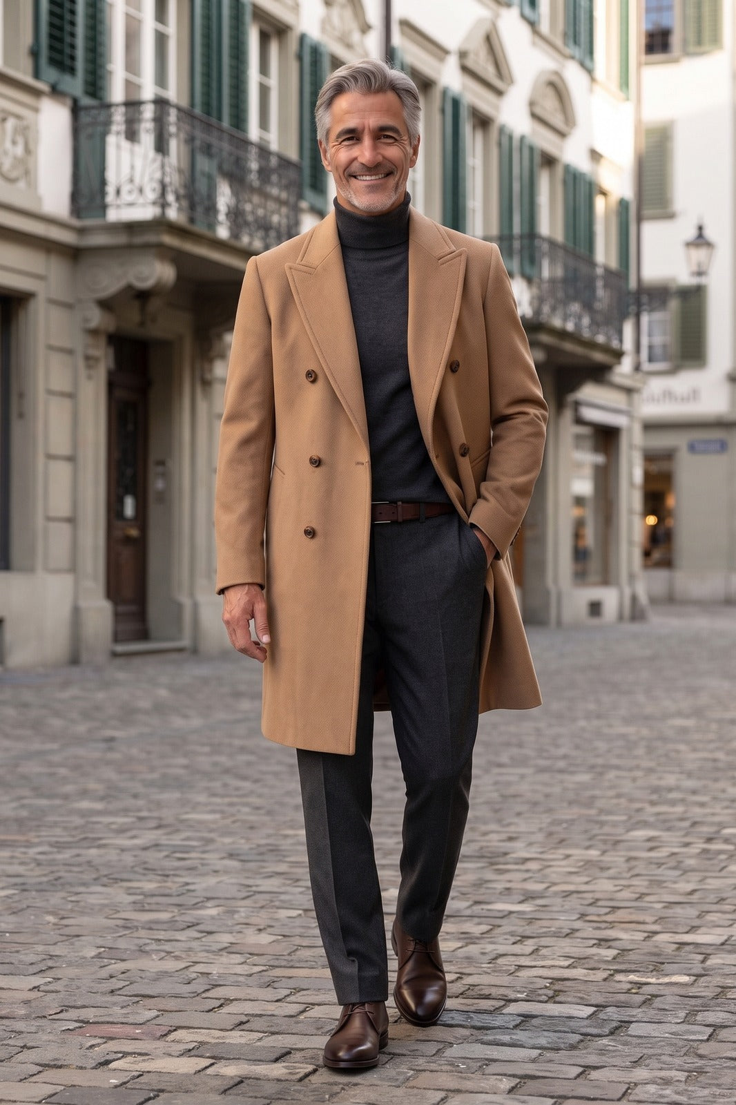 Herren Zweireihiger Mantel | Elegant — Khaki — lifestyle — am Modell