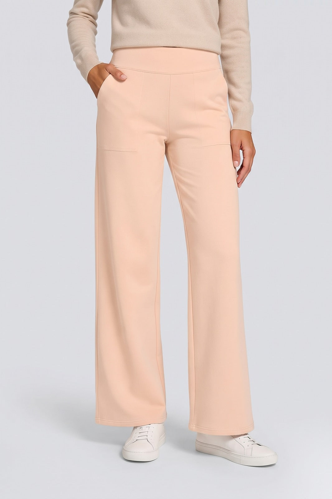 Damen Stretchhose | Hoher Bund — Khaki — Vorderansicht — am Modell