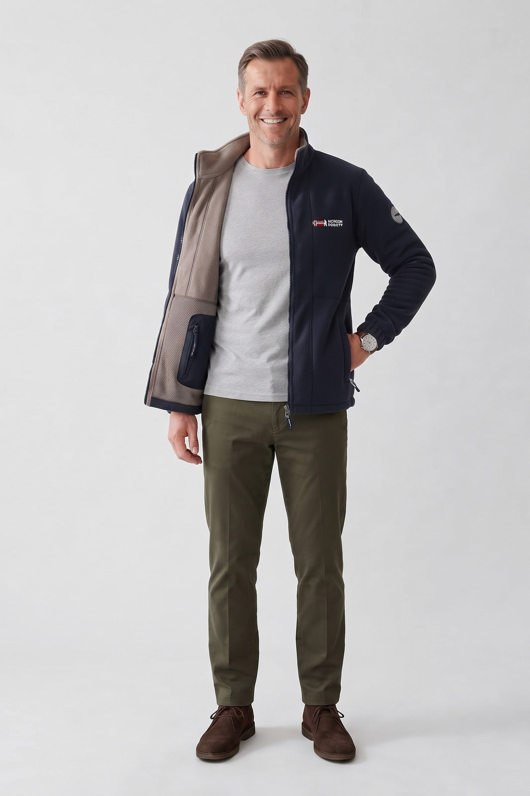 Herren Fleecejacke | Sportlicher Look — Marineblau — Vorderansicht — am Modell