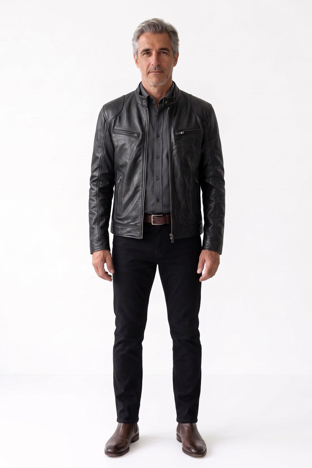 Herren Bikerjacke mit Stehkragen und Reissverschlusstaschen – 3