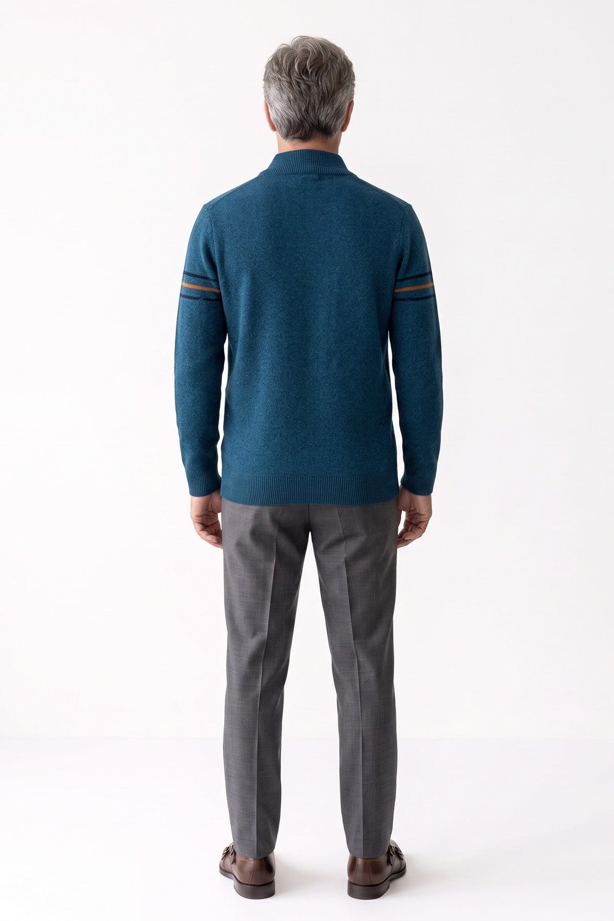 Herren Troyer-Pullover mit Stehkragen und gestreiften Ärmelakzenten – 4