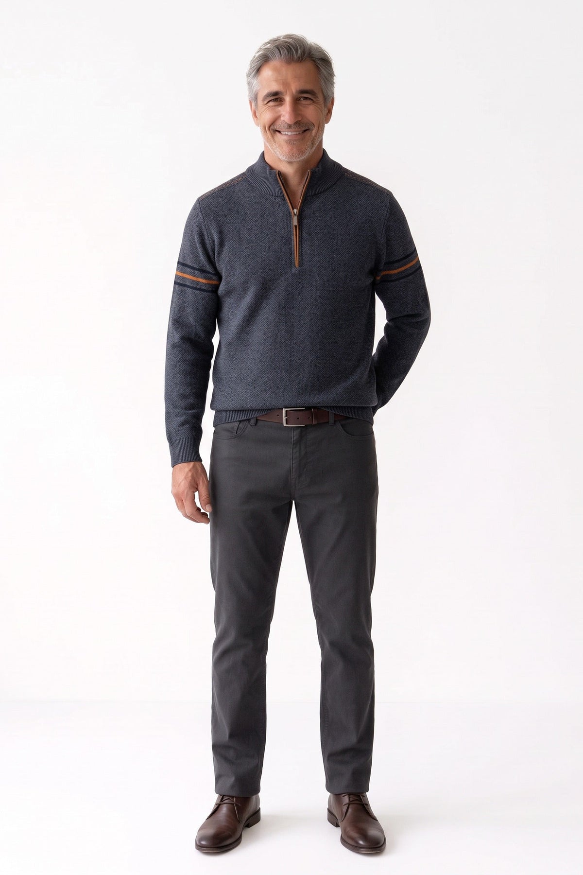 Herren Troyer-Pullover mit Stehkragen und gestreiften Ärmelakzenten – 10