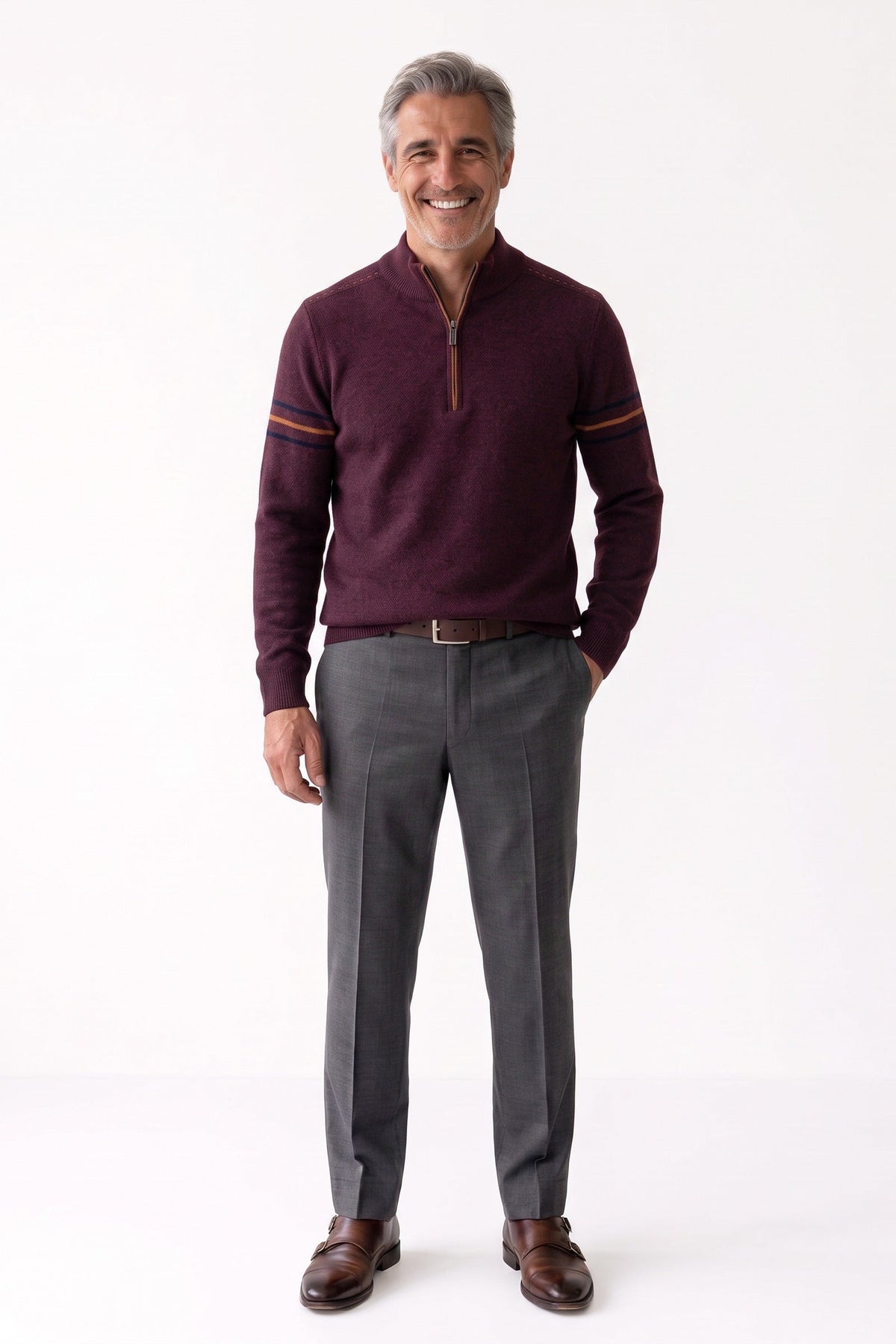 Herren Troyer-Pullover mit Stehkragen und gestreiften Ärmelakzenten – 6
