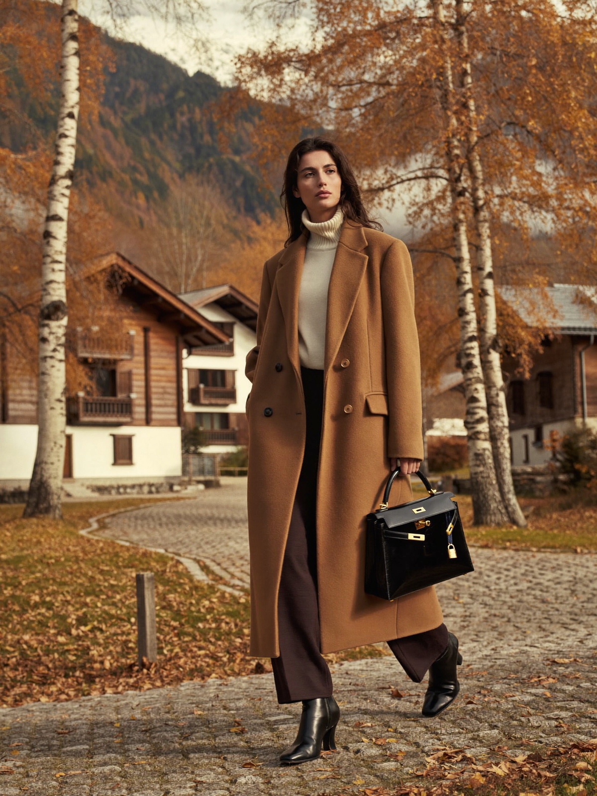 Montsila Damen – Camel-Mantel vor Chalet im Herbst