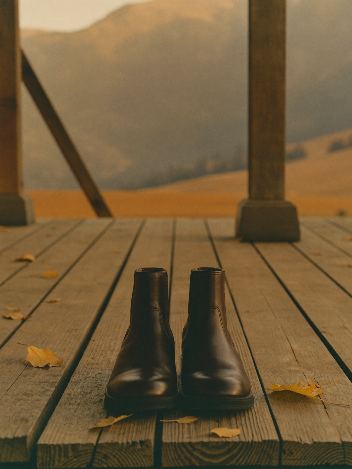 Schuhe & Stiefel – Lederstiefeletten auf Holzveranda im Herbst