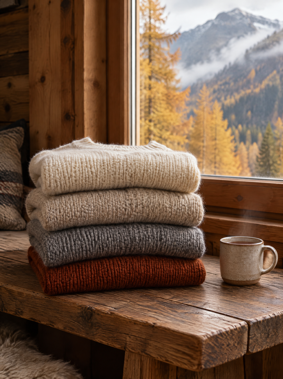 Pullover & Strick – Stapel Strickpullover am Chalet-Fenster im Herbst