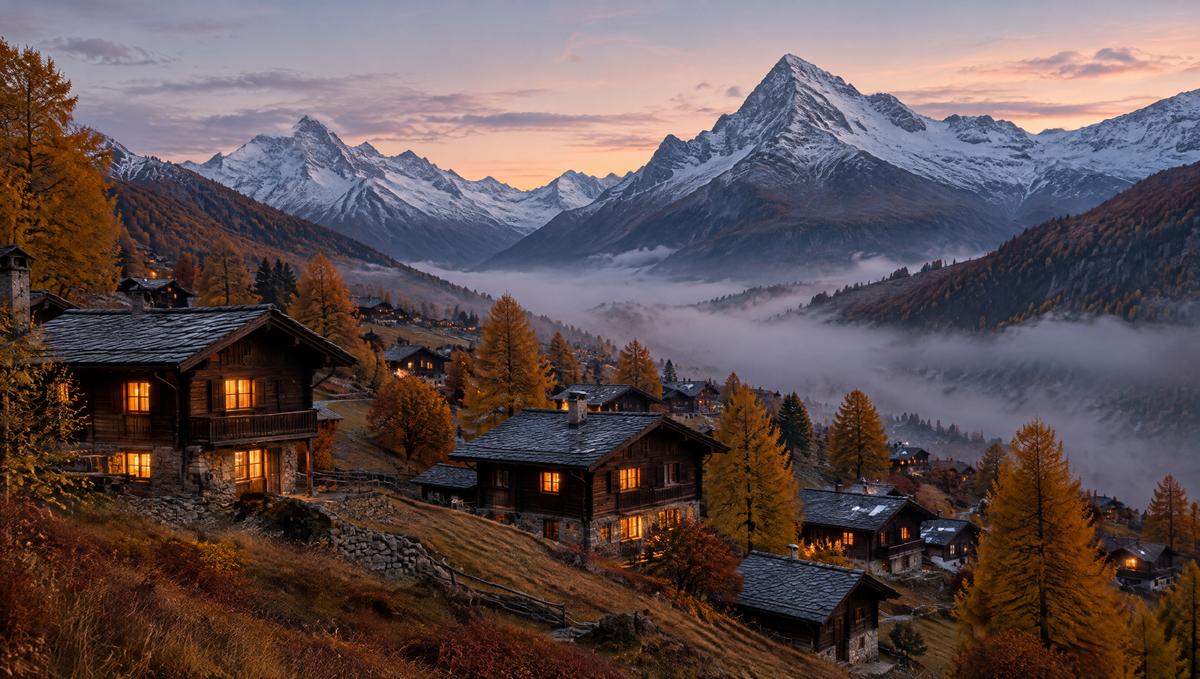 Schweizer Bergdorf im Herbst in der Abenddämmerung