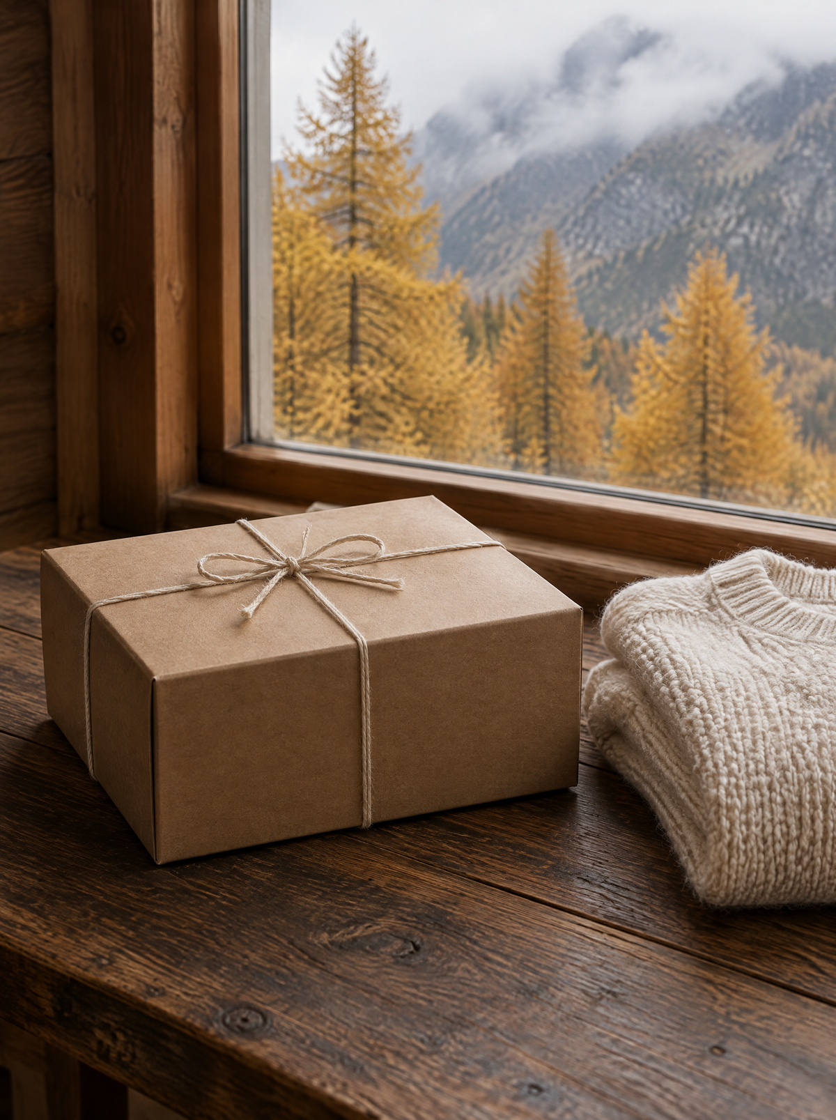 Paket und Strickpullover am Fenster mit herbstlichen Lärchen