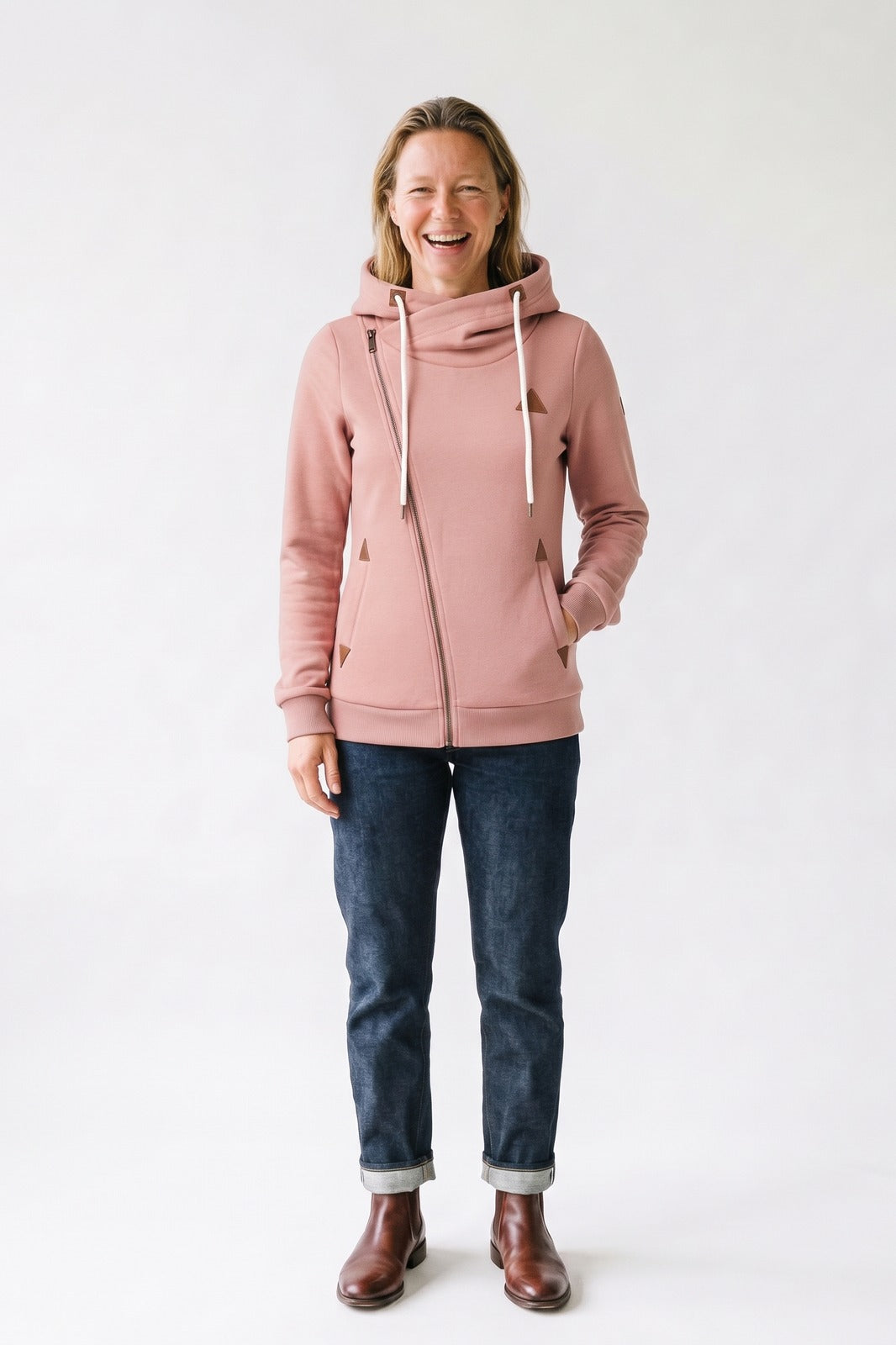 Damen Kapuzenjacke | Asymmetrischer Zip — Rosa — Vorderansicht — am Modell