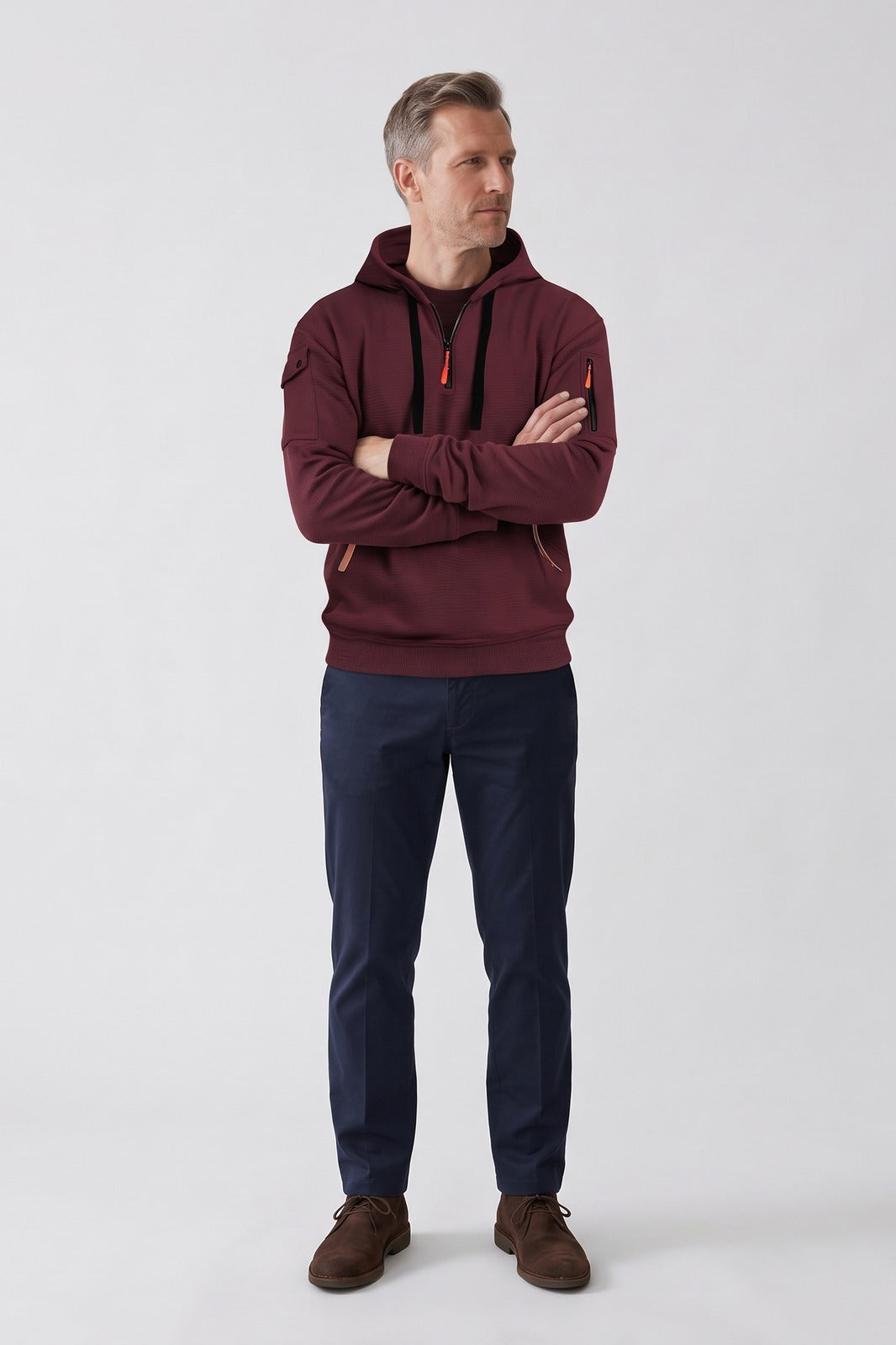 Herren Kapuzenhoodie | Taschen — Rot — Vorderansicht — am Modell