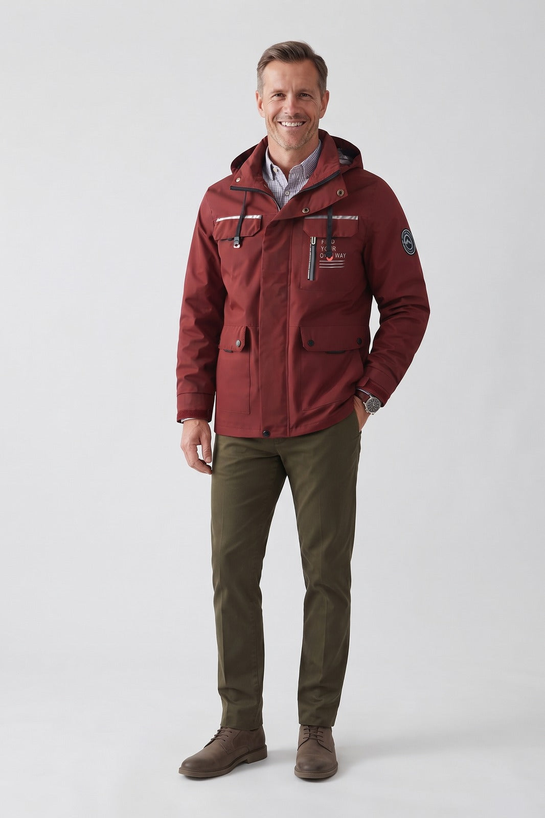 Herren Kapuzenjacke | Modern — Rot — Vorderansicht — am Modell
