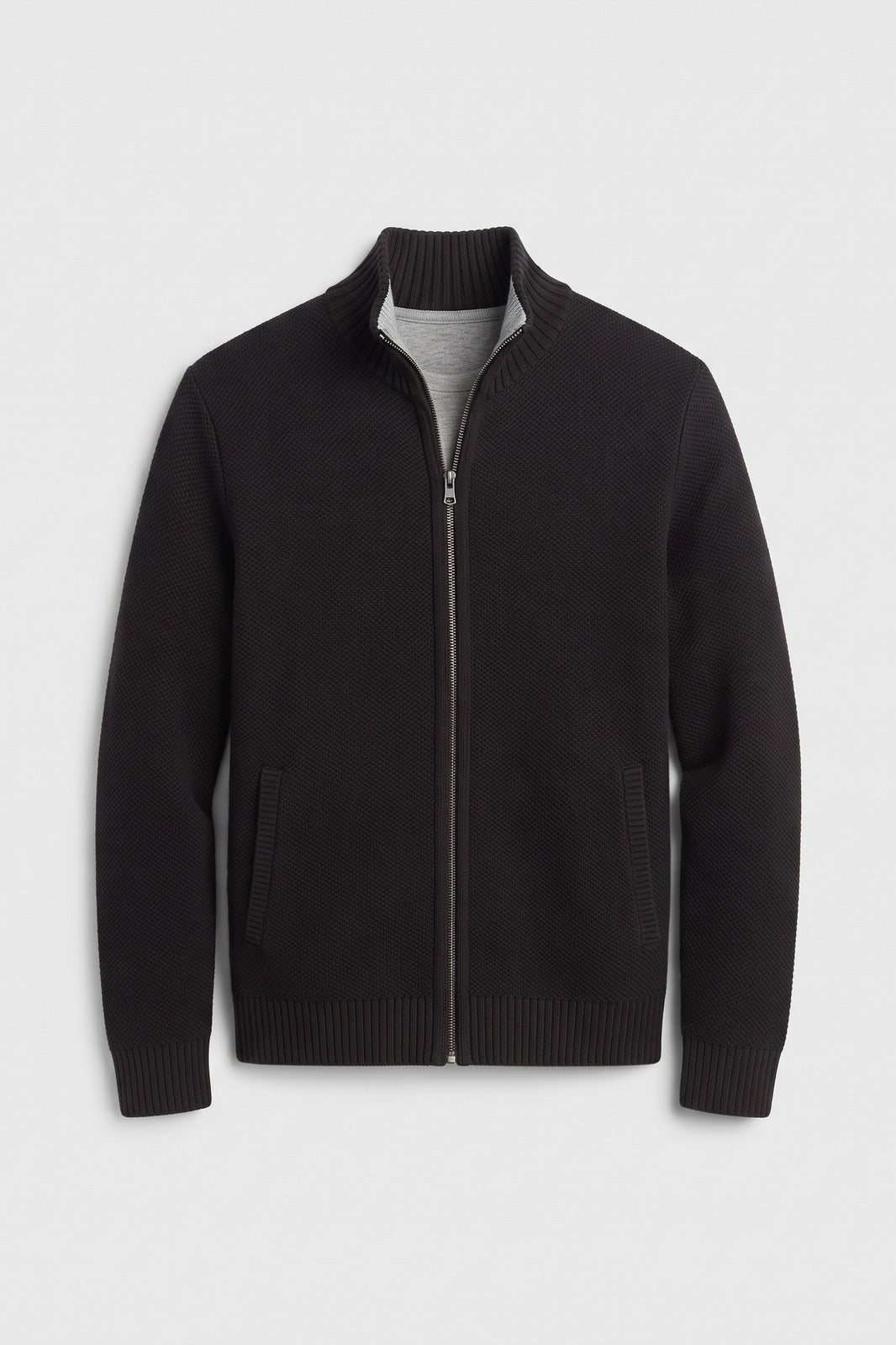 Herren Strickjacke | Stehkragen — Schwarz — Packshot