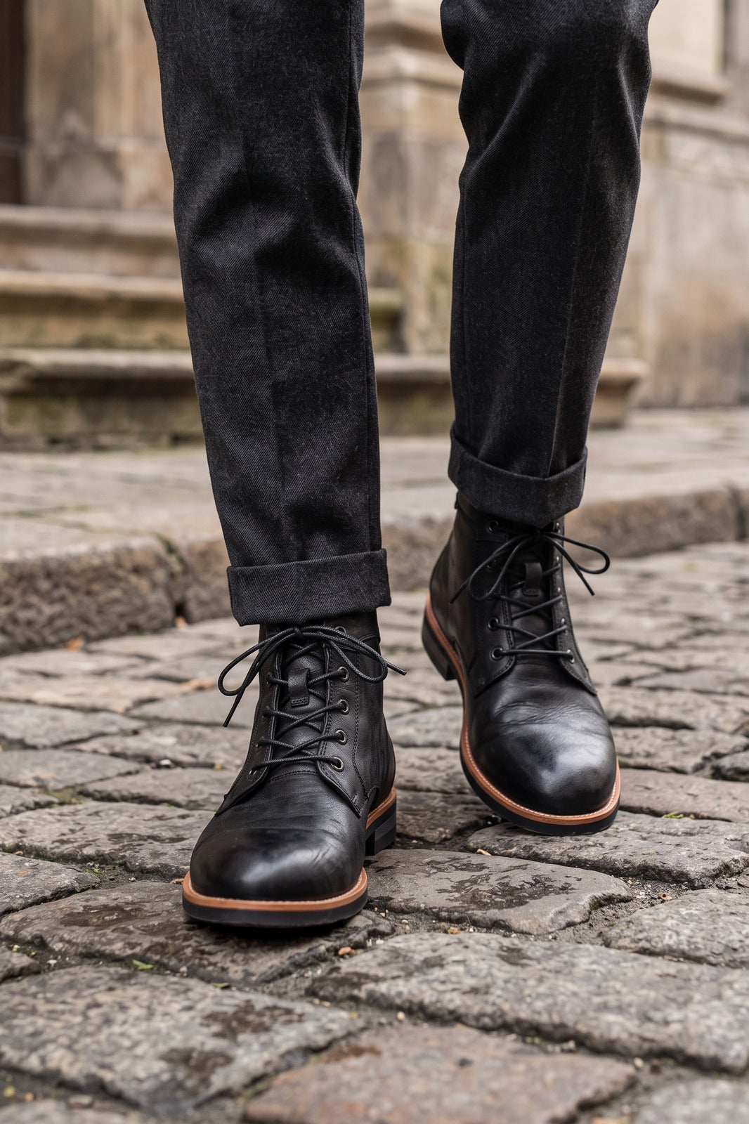 Herren Schnürstiefel | Vintage-Casual — Schwarz — shoe_worn — am Modell