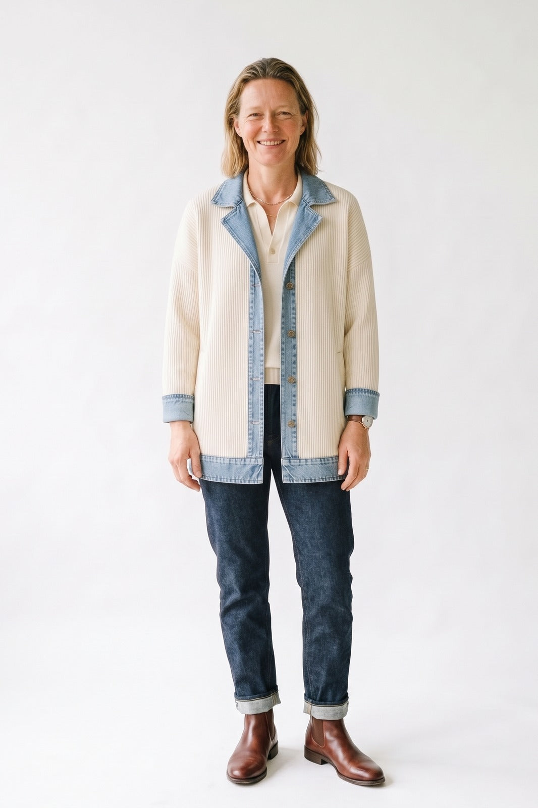 Damen Colour-Block-Design | Strickjacke — Weiß — Vorderansicht — am Modell